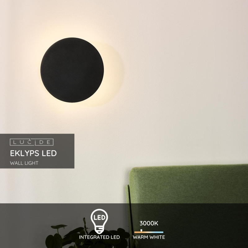 Lucide EKLYPS LED - Nástenné svietidlo - Ø 25 cm - LED - 1x8W 3000K - Čierna